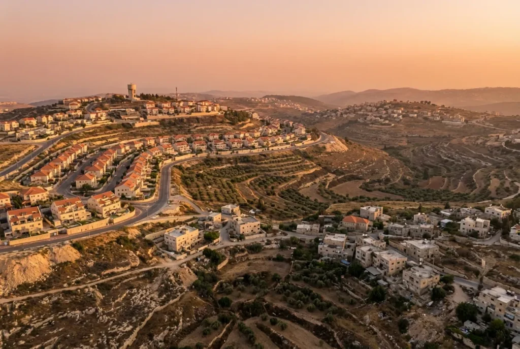 תצלום זה בזווית ממעוף הציפור, בגובה העיניים, מראה פיתוח דיור מודרני על רכס סלעי מול טרסות עצי זית במדרונות צחיחים תחת שמיים בצבע כתום עמוק ובז'. בצד השמאלי העליון, מספר שורות של בתים מפוצלים צמודים בגוון בז' עומדים לאורך שני כבישים מפותלים, עוקבים אחרי רכס מוארך המשתרע לאחור. הבתים בעלי גגות רעפים כתומים עזים עם צמחייה נמוכה ועצים המפרידים ביניהם. כביש ראשי עובר בפינה השמאלית התחתונה, ימינה ולמעלה, ואז מתפצל לפני שהוא ממשיך קדימה או פונה למרכז הרחוק של התמונה. בקצה העליון של הרכס המאוכלס, בקו האופק, מגדל מים גלילי ושלושה עמודים נראים צפים מעל הבניינים הקטנים יותר. שביל עפר מתפצל מהכביש בחזית, עוקב אחרי הרכס, בין הבתים למדרון. המדרונות בחזית ובמרכז צהובים וכוללים טרסות, חלקן מכוסות בעצי זית צעירים. אשכול קטן של מבנים נמוכים בצבע בז' עם חלונות עומד בפינה הימנית התחתונה, מתחת לעצים כהים. עצי זית בוגרים ירוקים כהים מצפים את הטרסות בין המבנים שמתחת לבתים שעל הרכס. בצד הימני העליון, הרחק מהרכס המאוכלס, קבוצה צפופה של מבנים קטנים בצבע בז' יושבת על מדרון עגול ומרוחק. השמיים ללא עננים בצבע כתום עז בשמאל העליון, דהויים לכתום עז ובז' במרכז, ואז לכתום עמוק מעבר לגבעות מימין. השמש השוקעת אינה נראית. התאורה הרכה מגיעה מהפינה הימנית העליונה, מטילה צללים ארוכים על הבתים שעל הרכס.