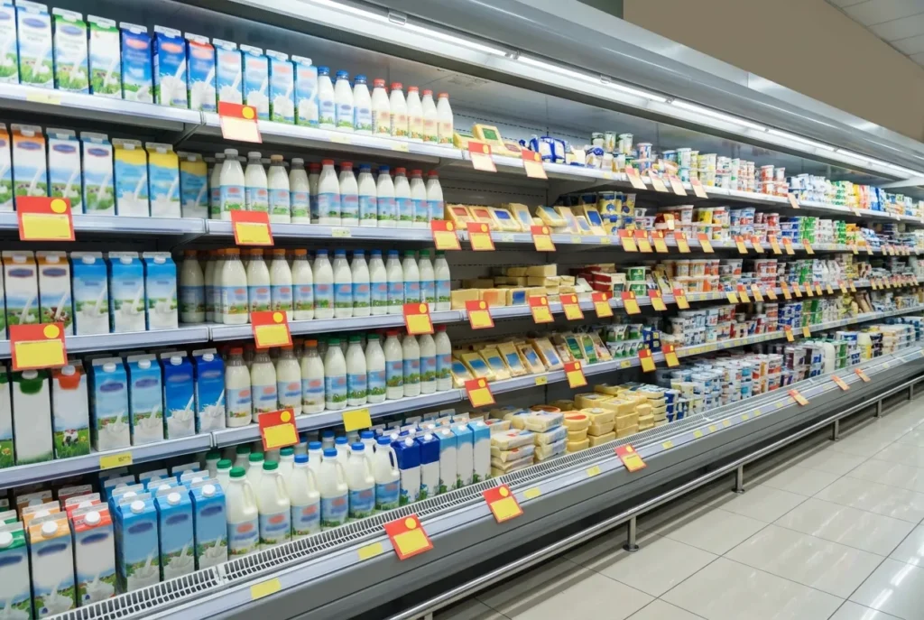 תמונה זו מציגה מעבר בתוך סופרמרקט המוקדש למוצרי חלב. ארון קירור פתוח ורחב משתרע מקצה שמאל לקצה ימין של המסגרת, ומחזיק מספר רב של מדפים עמוסים במוצרים שונים. המקרר מואר באופן בוהק על ידי תאורה מלאכותית המותקנת בראשו, מה שגורם למוצרים לזרוח. הרצפה במעבר היא רצפת אריחים מבריקה ונקייה בצבע בז'. בצד שמאל של המקרר, המדפים העליונים מחזיקים קרטונים של חלב בעלי עיצובים שונים. מתחתיהם, ישנם מדפים המוקדשים לבקבוקי חלב מפלסטיק, חלקם עם פקקים כחולים וחלקם עם פקקים לבנים. ככל שהמדפים יורדים כלפי מטה, נראים עוד ועוד קרטונים של חלב בגדלים שונים, כמו גם קרטונים גדולים יותר של חלב. פתקים צהובים עם שוליים אדומים מודבקים למדפים מתחת לחלק מהמוצרים, ככל הנראה מציינים מחירים או מבצעים. בצד ימין של המקרר, המדפים העליונים עמוסים במיכלי יוגורט ומעדני חלב בגדלים ועיצובים שונים. המדפים האמצעיים והתחתונים מחזיקים מגוון רחב של גבינות קשות וארוזות, כולל בלוקים גדולים ופרוסות. ניתן לראות גם קופסאות קטנות של גבינות רכות או גבינות שמנת. גם כאן, פתקים צהובים עם שוליים אדומים מודבקים למדפים. התמונה נותנת תחושה של שפע ומגוון רחב של מוצרים, והכל מאורגן ומסודר בקפידה על המדפים. המקרר הפתוח מאפשר גישה קלה למוצרים, והתאורה החזקה מבליטה את צבעיהם ואריזותיהם. המעבר נראה נקי ומזמין, וממחיש את חווית הקנייה בסופרמרקט מודרני.