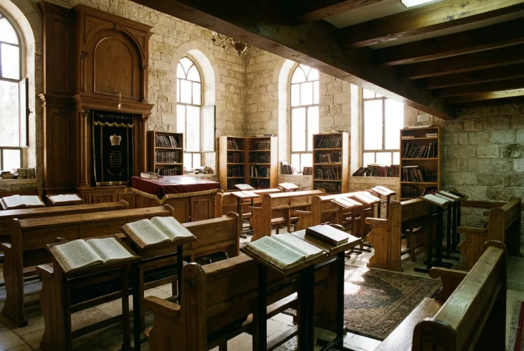 צילום בזווית גבוהה מציג פנים של בית כנסת ישן ומואר, בו ספסלי עץ פונים לעבר ארון קודש בפינה השמאלית העליונה. אור שמש רך חודר דרך ארבעה חלונות קשתיים גדולים הנמתחים לאורך הקיר האחורי של החדר, ומאיר את חלל האבן. ארון הקודש הוא מבנה עץ כהה וגבוה בפינה השמאלית העליונה. חזיתו מעוטרת בתבליטים וקשתות, והיא מכוסה בפרוכת קטיפה כהה, עליה רקומים כיתוב עברי "מלך מלכי המלכים הקדוש ברוך הוא" וכתר מעליו. לפניו עומדת בימה מכוסה בבד קטיפה אדום-בורדו, עליה מונח שולחן קטן. שורות של ספסלי עץ פשוטים ממלאות את החלל, פונים לכיוון ארון הקודש. על רבים מהספסלים מונחים סטנדרים (מעמדים משופעים) מעץ, ועליהם ספרים פתוחים. ספרי לימוד ותפילה נוספים מונחים על מדפים הפזורים ברחבי החדר. לאורך הקיר האחורי, ליד החלונות, ניצבות ארבע כונניות עץ מלאות בספרים. אחת הכונניות מימין היא כפולה. בין הכונניות השמאלית והכפולה ניצב גם ארון ספרים נוסף. קירות המבנה עשויים אבן ירושלמית גסה בצבע בז' וחום בהיר. התקרה עשויה קורות עץ כהות וחשופות. הרצפה מרוצפת באבן, ובמרכז החלל, מול ארון הקודש, מונח שטיח פרסי עם דוגמאות צמחיות בצבעים חמים. מנורת נחושת גדולה תלויה מהתקרה, אך האור העיקרי הוא אור טבעי הנכנס דרך החלונות, היוצר משחקי אור וצל על הרצפה והרהיטים. האווירה הכללית היא של מקום עתיק, שקט ומלא קדושה.